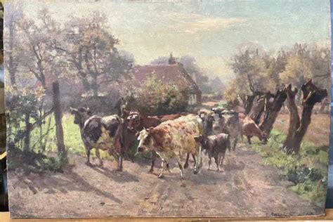 TABLEAU ANCIEN HUILE Paysage Troupeau Vaches Ferme Emile Bouzin 1848