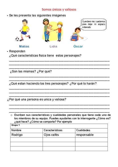 Ficha Somos únicos y valiosos - Somos únicos y valiosos Se les presenta