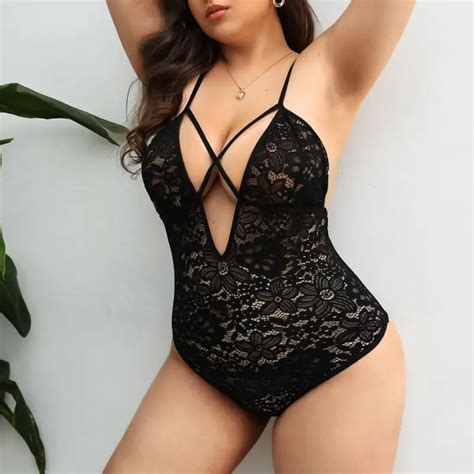Plus Size Floral Lace Bodysuit Women Erotic One Piece Sexy Lingerie See Through Sex Pajamas Mesh