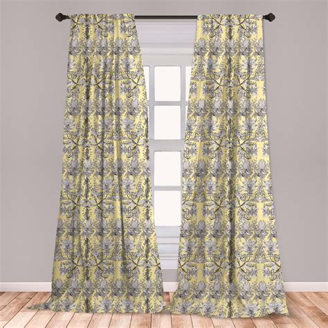 Grey And Yellow Curtains 2 Panels Set Bohem Design With Flowers Leaves