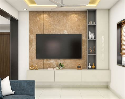 Compact Tv Unit Design With Marble Wall Panel And Open Storage Livspace