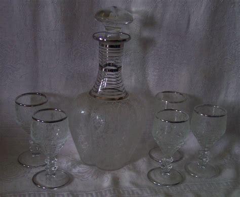 Paden City Decanter Set Silver Vintage Glass Goblets Wine Cordial