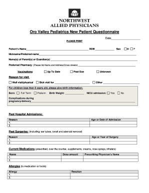 Fillable Online Oro Valley Pediatrics New Patient Questionnaire Fax