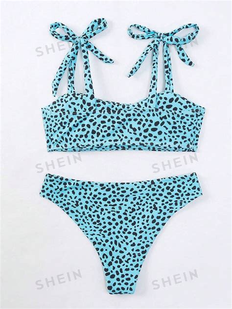 SHEIN Swim Conjunto de Maiô Bikini Alça de Laço Estampa Dálmata