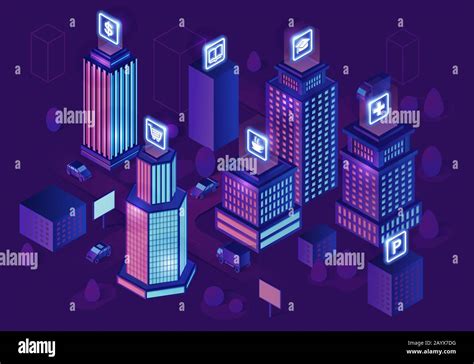 Smart City Isometric Architecture Concept Web Banner With Neon Modern