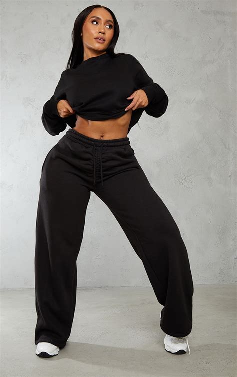 Shape Black Wide Leg Ruched Waist Sweatpants Shape Prettylittlething Usa