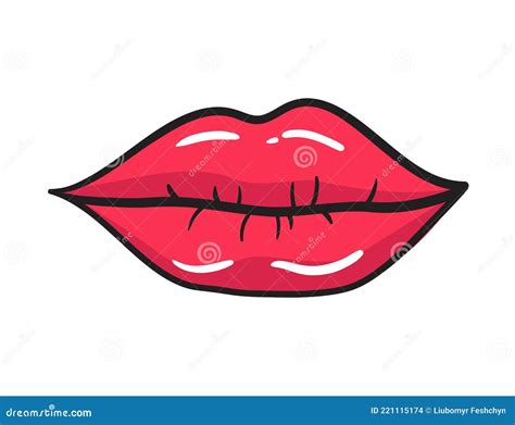 Comic Female Red Lips Sticker Women Mouth With Lipstick In Vintage Comic Style Stock Vector