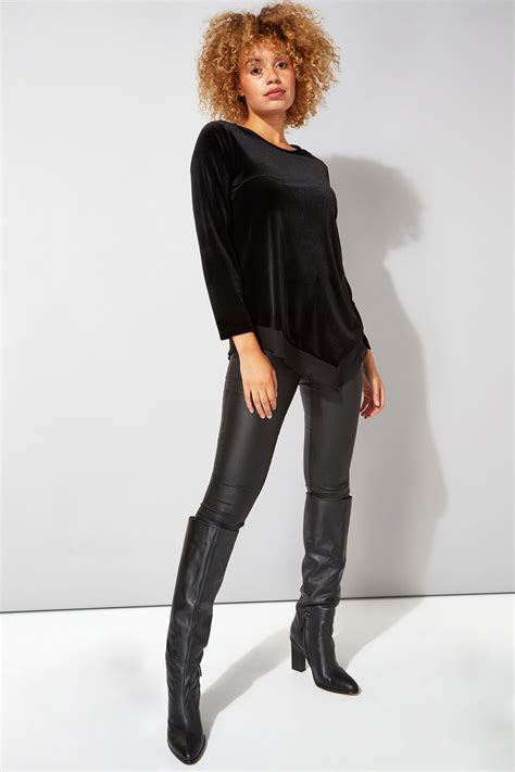 Velvet Asymmetric Chiffon Hem Top In Black Roman Originals Uk