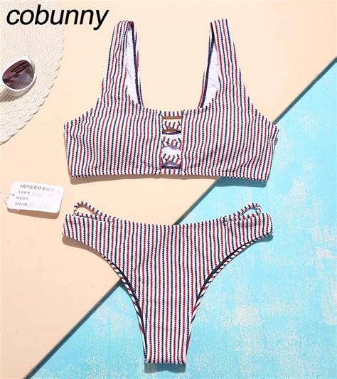 Cobunny Sexy Stripe Bandeau Bikini Set Women Push Up Swimsuit Swimwear