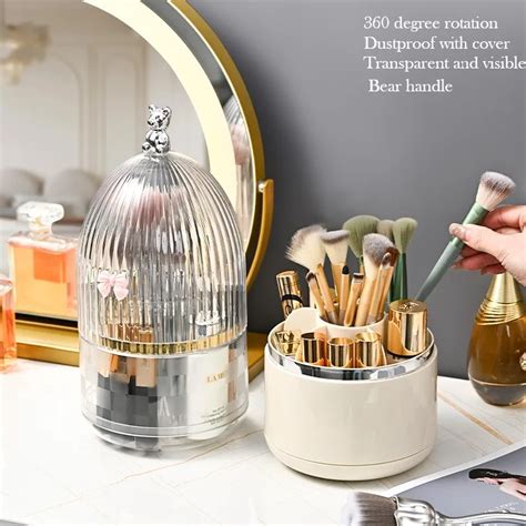 Makeup Brush Holder Organizer With Lid 360 Rotating Dustproof Makeup Brushes Organizer For