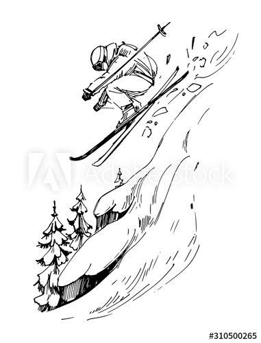 Sketch Of Mountains And Skier Hand Drawn Illustration Converted To