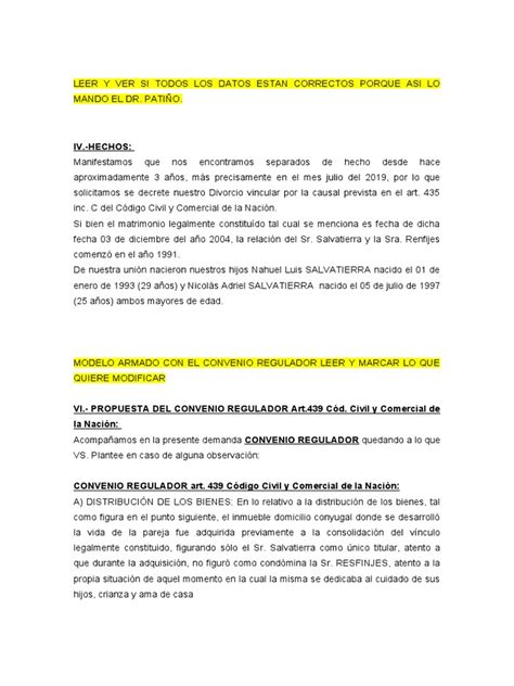 Modelo De Convenio Regulador Para Plantear A La Contraria Pdf