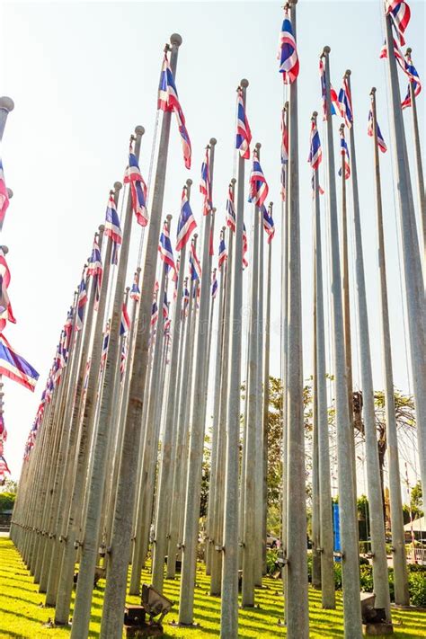 Beautiful View Of Thai National Flags On The Poles At The Queen Stock