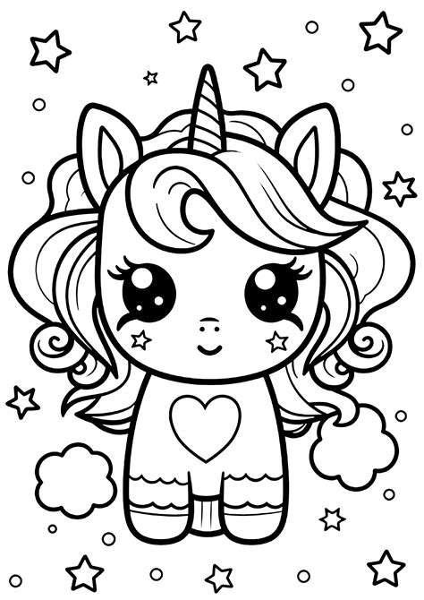 Cute Kawaii Unicorn with stars around her - Unicorn Coloring Pages