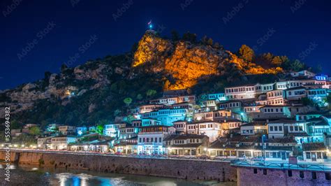 Evening view to Berat, historic city in the south of Albania at night ...