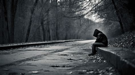 Pavement Lonely Hooded Man Sitting On In A Black Area Backgrounds