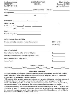 Fillable Online C S Gymnastics Inc Registration Form Gold Mine Rd