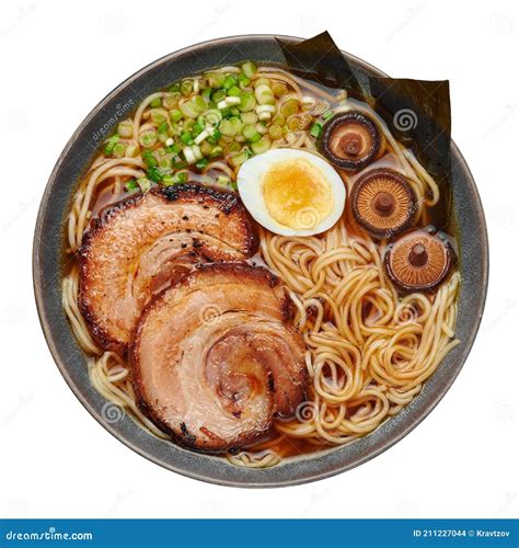 A Shoyu Ramen In Gray Bowl Isolated On White Japanese Cuisine Meat