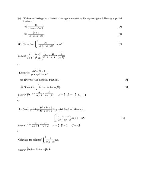 Solution Integration By Partial Fraction Practice Questions Igcse