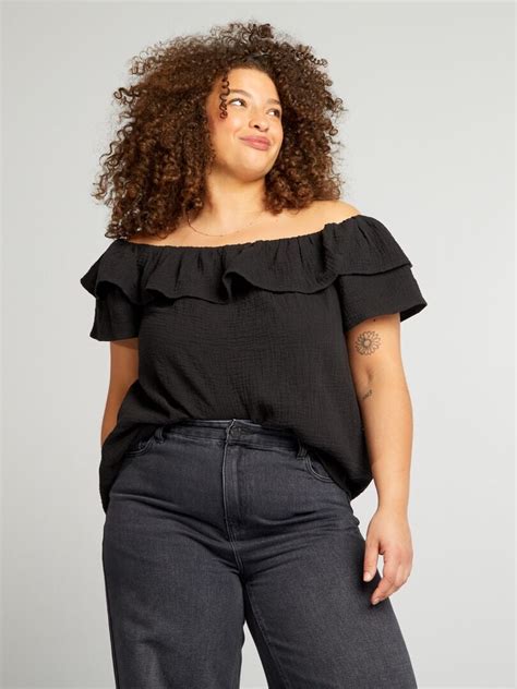 Blouse en gaze de coton à col bardot noir Kiabi 18 00