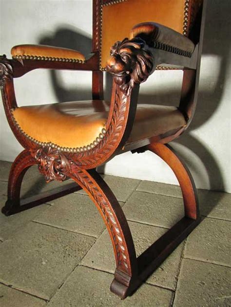 Antique Carved Wood & Leather Throne Chair for sale at Pamono