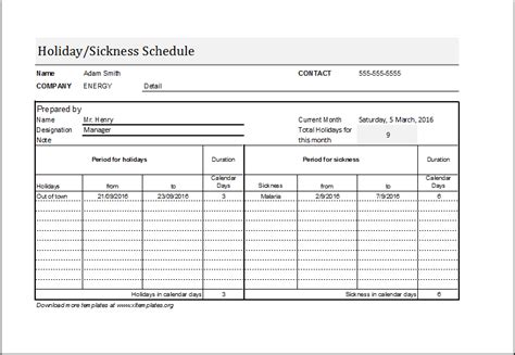 Employee Holidaysickness Schedule Template Excel Templates