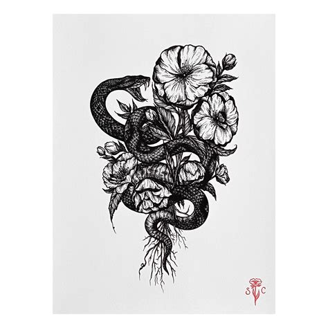 Floral Snake Art Print Dotwork Illustration Original Etsyde