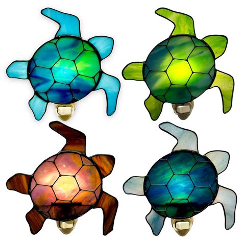 Set Of 4 55 Turtle Stained Glass Nightlight Sea Life Glassart Premium Handmade Turtle Night