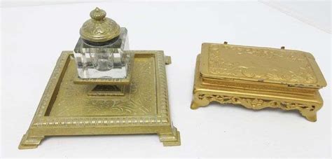 Antique Inkwells Circa S Brass And Glass With Hinged Lid And The