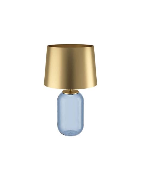 Candeeiro De Mesa Transparente De Vidro Azul E Abajur Dourado Cuite