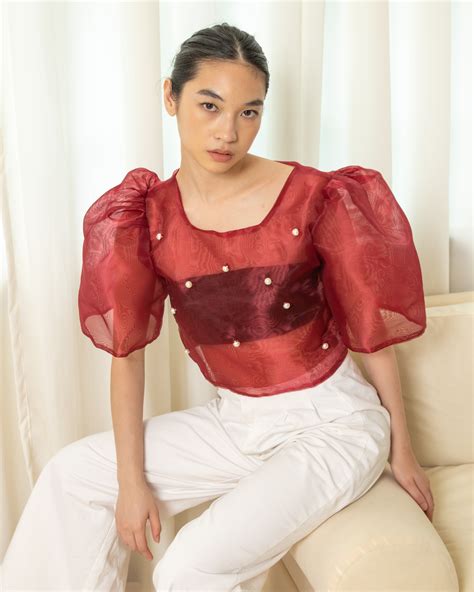 Eva Filipiniana Top Maroon With Pearl Wear Sundays