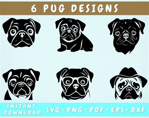 Pug Svg Bundle 6 Designs Pug Cut Files Pug Clipart Pug Png Funny