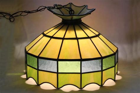 Vintage Leaded Glass Shade Light Fixture Green Stained Glass Pendant