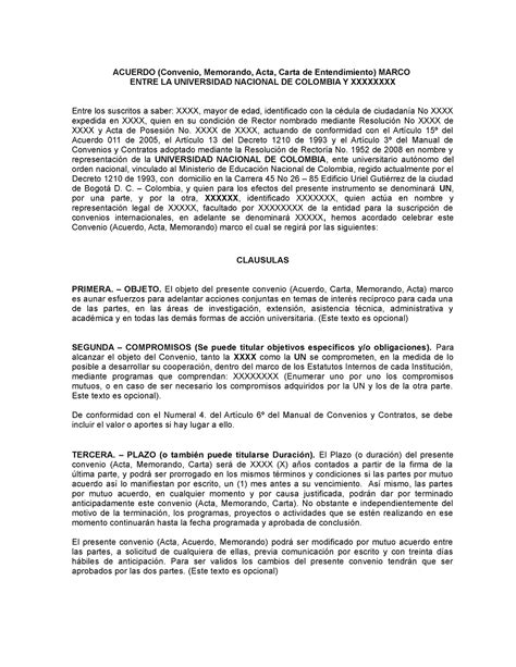 Modelo Convenio Marco Acuerdo Convenio Memorando Acta Carta De