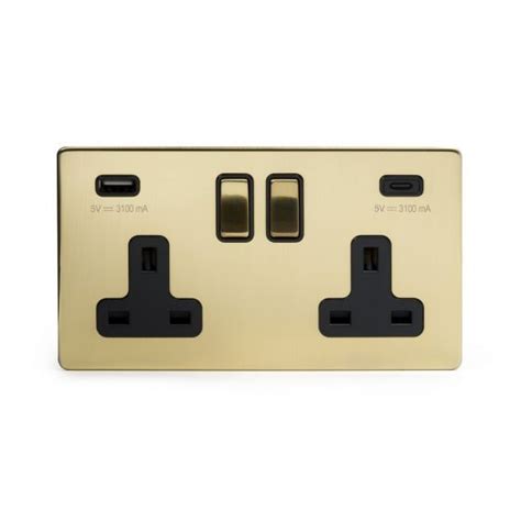 Soho Lighting Brushed Brass 2 Gang Usb C Socket 13a Socket 2 Usb Ports Ac 31a Blk Ins