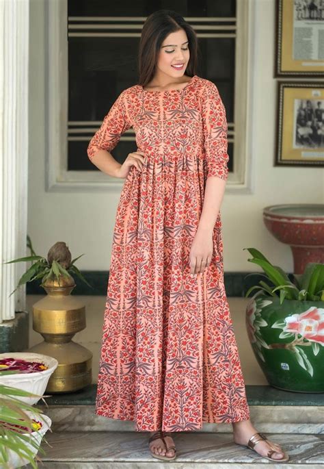 Peach Muslin Readymade Printed Gown 181138 Maxi Dress Printed Maxi