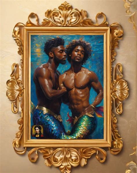 Black Gay Mermaid Art Black Merman Art Gay Oceancore Deco Vintage Renaissance Black Art