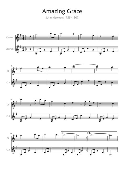 Amazing Grace Clarinet Duet Sheet Music John Newton Clarinet Duet