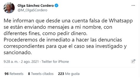 Olga Sánchez Cordero Alertó Sobre Extorsión A Través De Whatsapp A Su