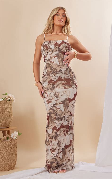 Brown Floral Print Mesh Ruched Bust Maxi Dress Dresses
