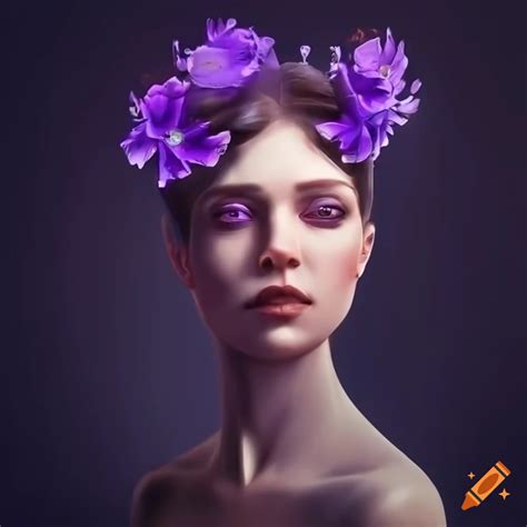 Ethereal Woman Resembling Chess Queen With Violet Flower On A