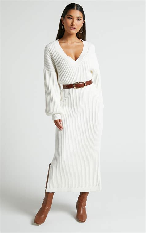 Kartia V Neck Knit Midi Dress In Off White Showpo Usa