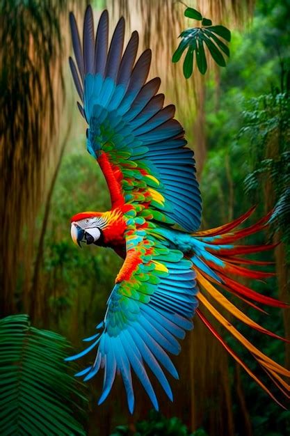 Premium Photo Colorful Parrot Flying Through The Air Over Lush Green