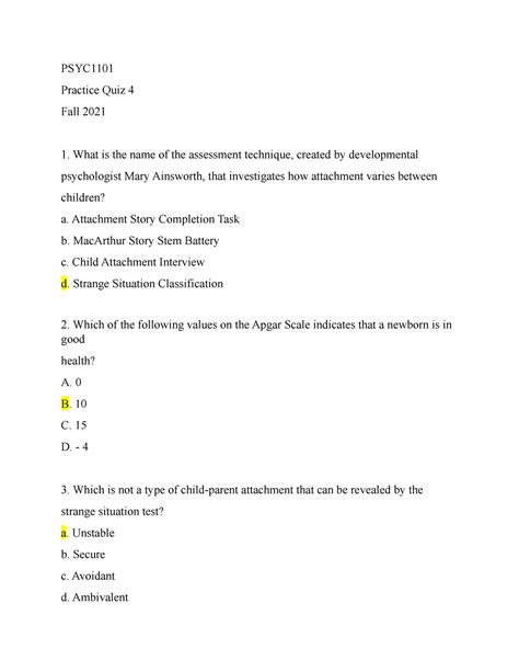 Psych 1101 Practice Quiz 4 Fall 2021 PSYC Practice Quiz 4 Fall 2021