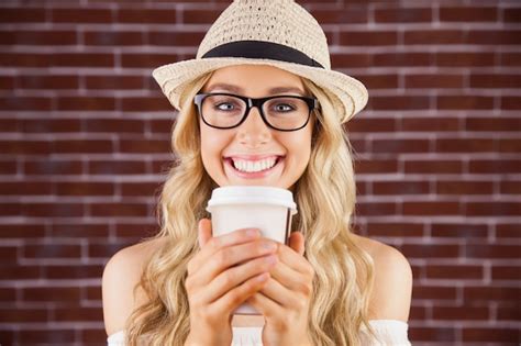 Premium Photo Gorgeous Smiling Blonde Hipster With Take Away Cup