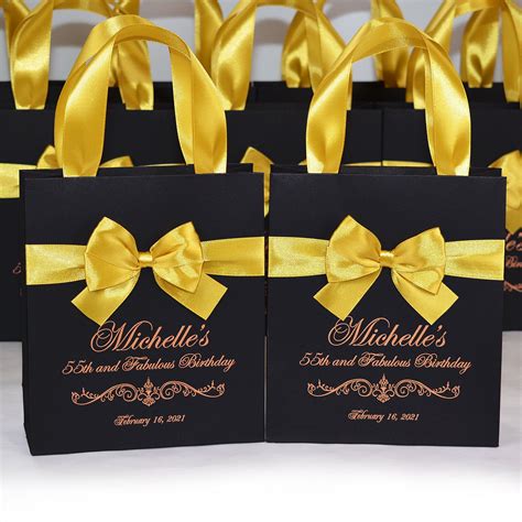 25 Birthday Party Favor Bags With Gold Satin Ribbon Handles Bow And Your Name Elegant 55th And