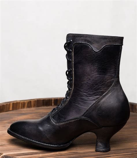 Victorian Style Leather Ankle Boots in Black Rustic by Oak Tree Farms ...