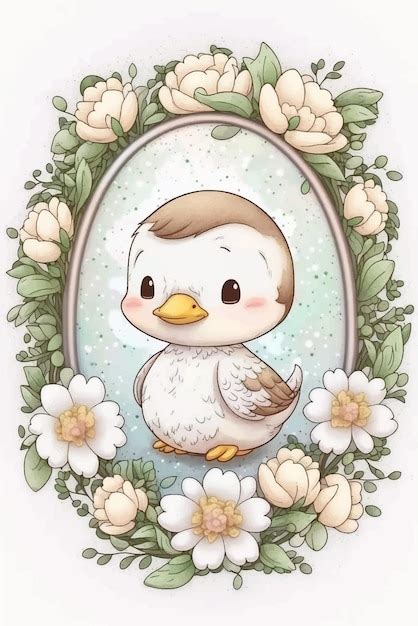 Um Pato De Desenho Animado Flores No Quadro Foto Premium