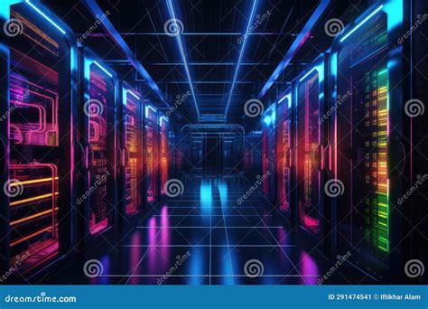 Futuristic Server Room Interior With Neon Lights 3d Rendering Data