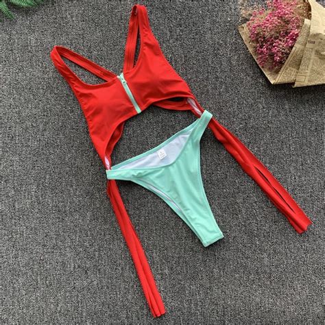 2019 Aliexpress Patchwork High Waist Thong Tassel One Piece Sexy Women Bikini Zipper Beachwear